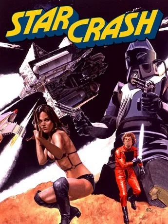 A vintage science fiction movie poster for 'Star Crash' depicts a dramatic scene with a large, menacing armored figure…