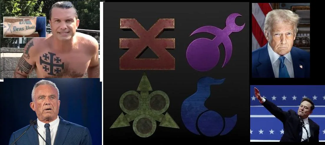 A collage image displays four men: a shirtless man with a 'Deus Vult' tattoo, a man in a suit speaking at a podium, a man in…