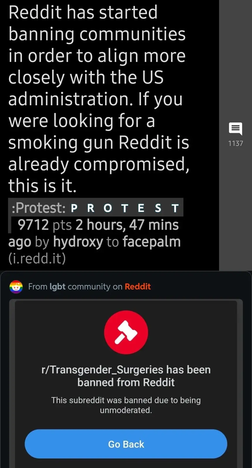 The image shows a Reddit post claiming Reddit is compromising its platform to align with the US administration, using a…
