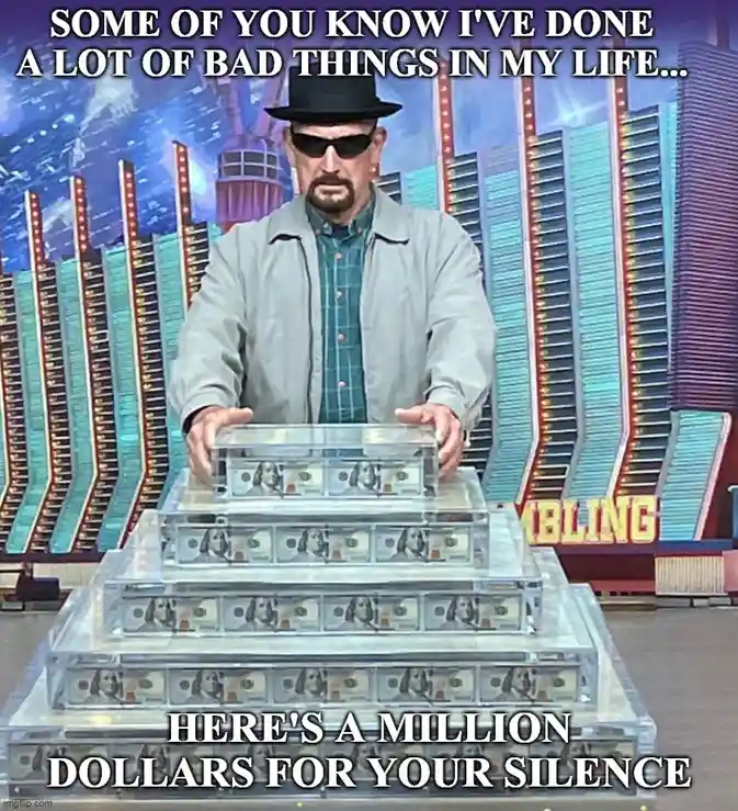 A man wearing a black fedora, sunglasses, and a grey jacket stands behind a pyramid of clear cases filled with stacks of US…