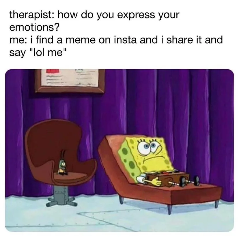 The image shows SpongeBob SquarePants sitting on a red therapist's couch with a worried expression, while a tiny figure sits…