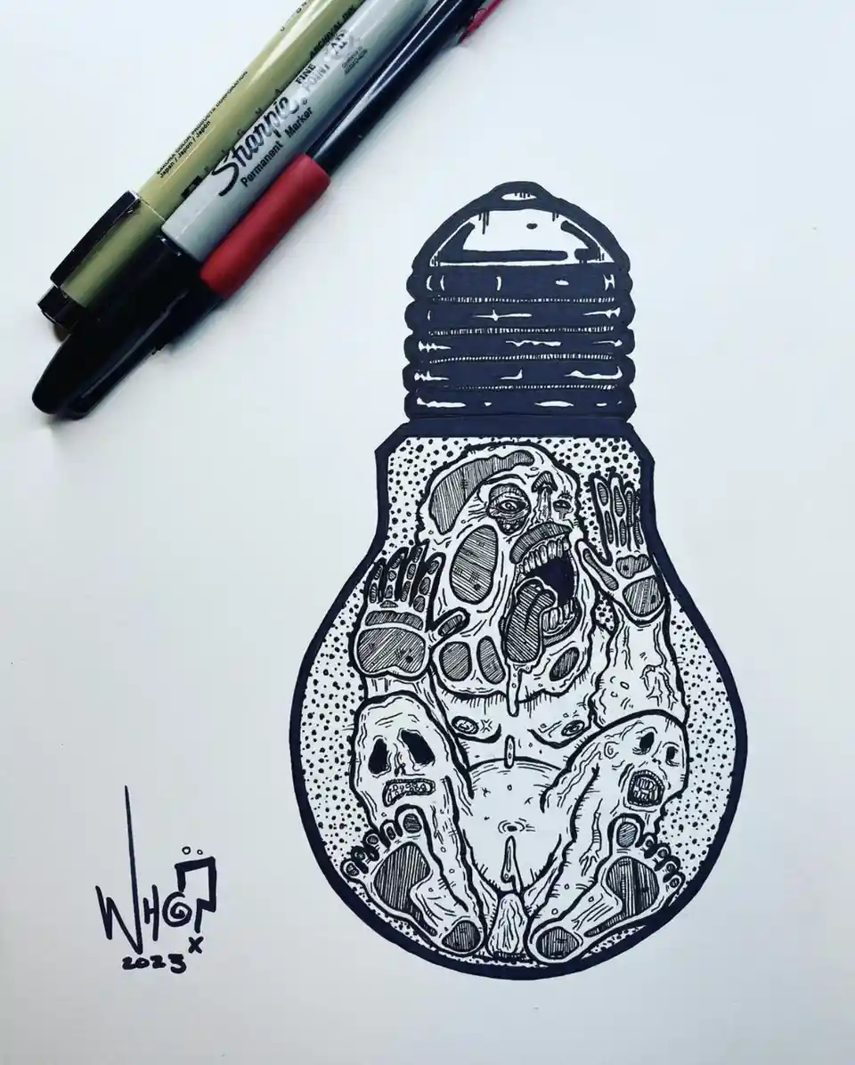 A black-and-white ink drawing on white paper shows a lightbulb filled with grotesque, screaming, melting zombie-like…
