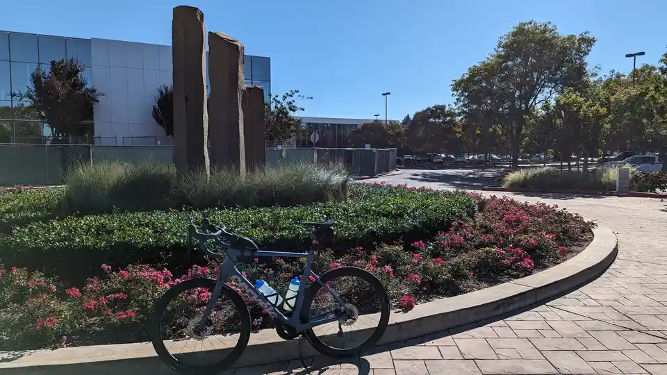 A sleek gray Cervélo road bike is parked on a paved sidewalk next to a landscaped flower bed with pink blooms. Behind the…