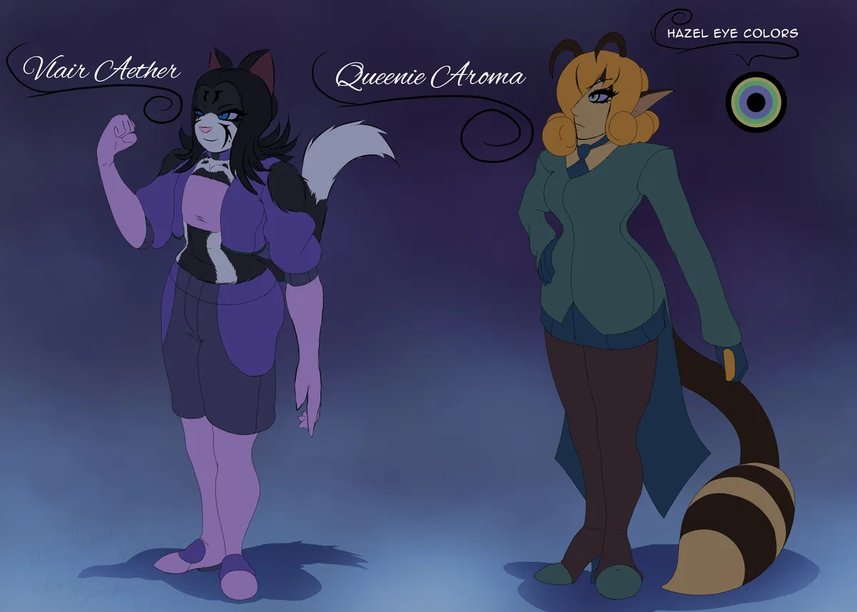 Two anthropomorphic characters are shown side-by-side against a dark gradient background. The character on the left, labeled…
