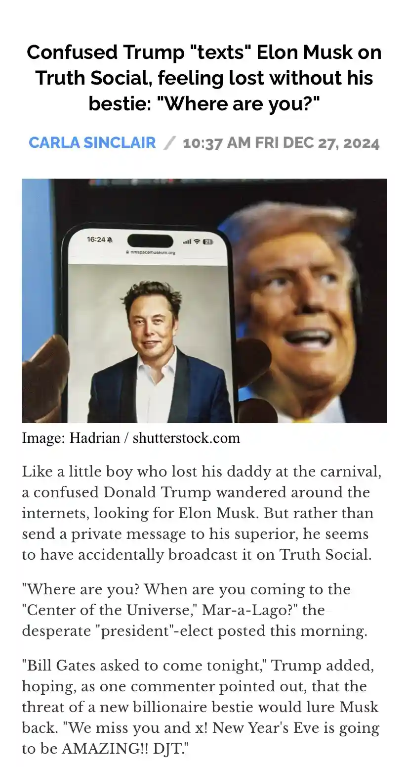 A smartphone screen displays a photo of Elon Musk, held up by a hand, while a blurred image of Donald Trump with a confused…