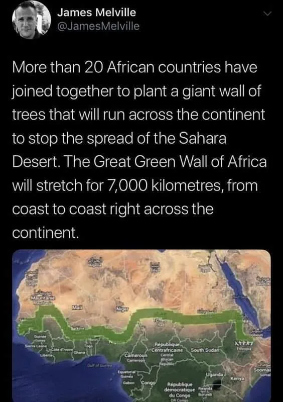 A screenshot of a tweet by James Melville shows a map of Africa with a green line running across the continent, labeled as…