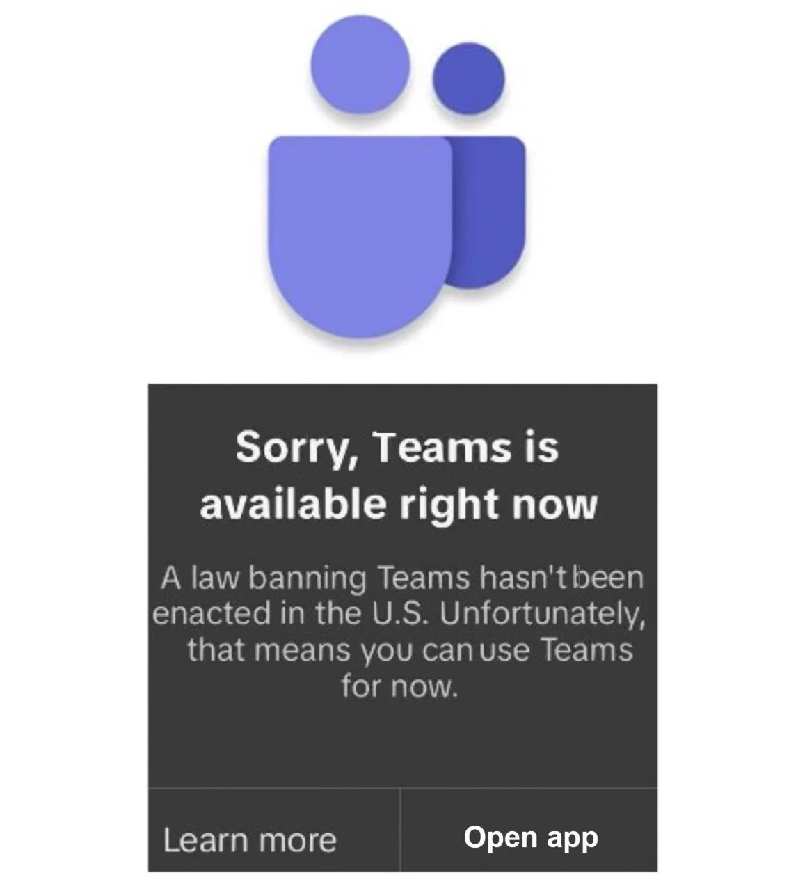 The image displays the Microsoft Teams app logo above a mock-up of an app notification. The notification reads: 'Sorry…