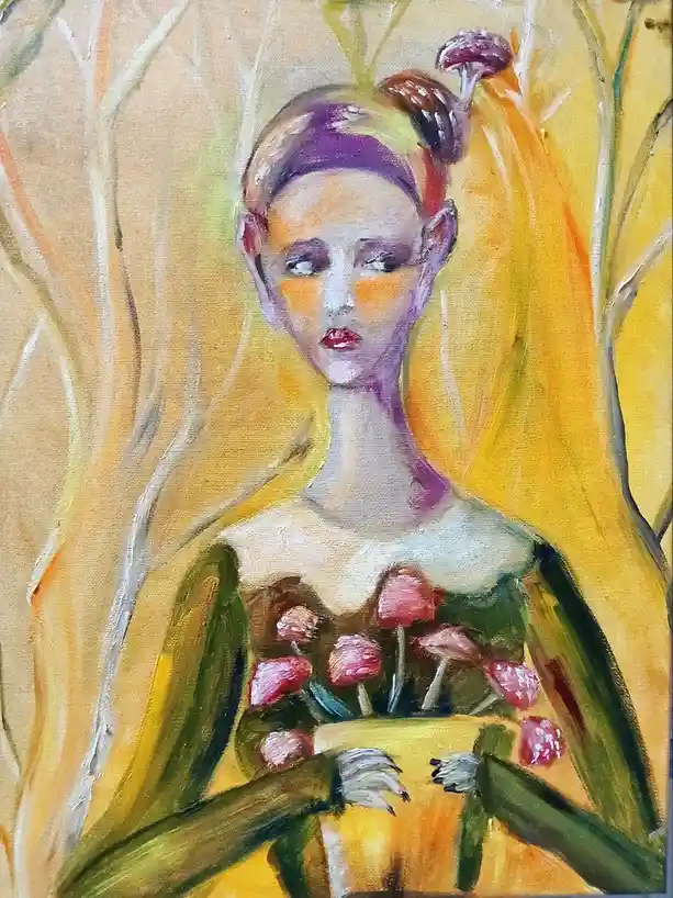 A painting of a woman with a mushroom growing from her hair and mushrooms on her chest, holding a basket of mushrooms. The…