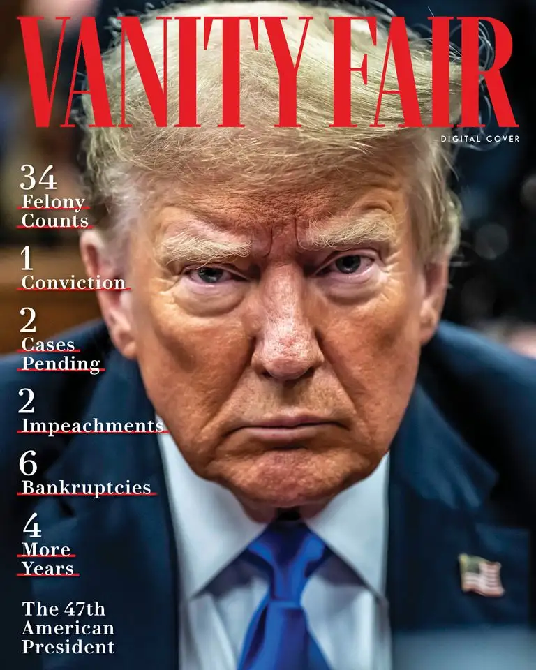 A Vanity Fair magazine cover featuring Donald Trump with a stern expression, overlaid with text listing legal and financial…