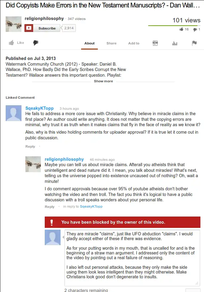 A screenshot of a YouTube comment section under a video about New Testament manuscripts, where a user named 'SqueakyKtopp'…