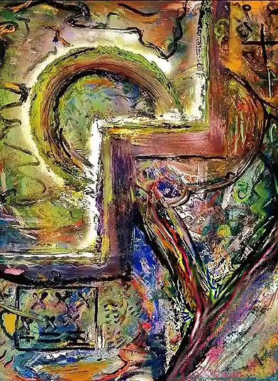 An abstract painting with swirling, chaotic brushstrokes in vibrant colors like green, purple, orange, and blue, featuring…