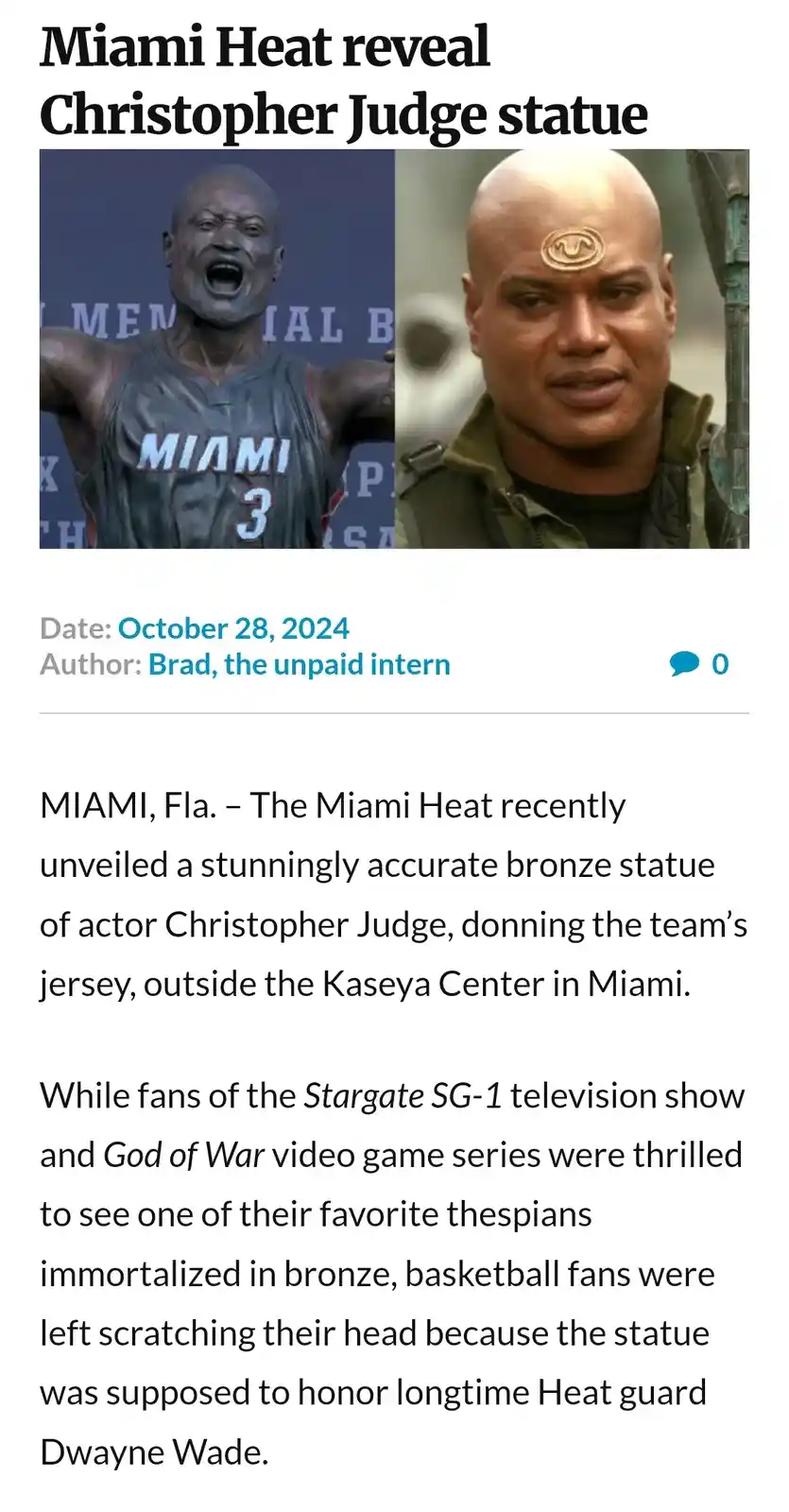 A fake news article mock-up shows a statue of actor Christopher Judge in a Miami Heat jersey next to his face from Stargate…