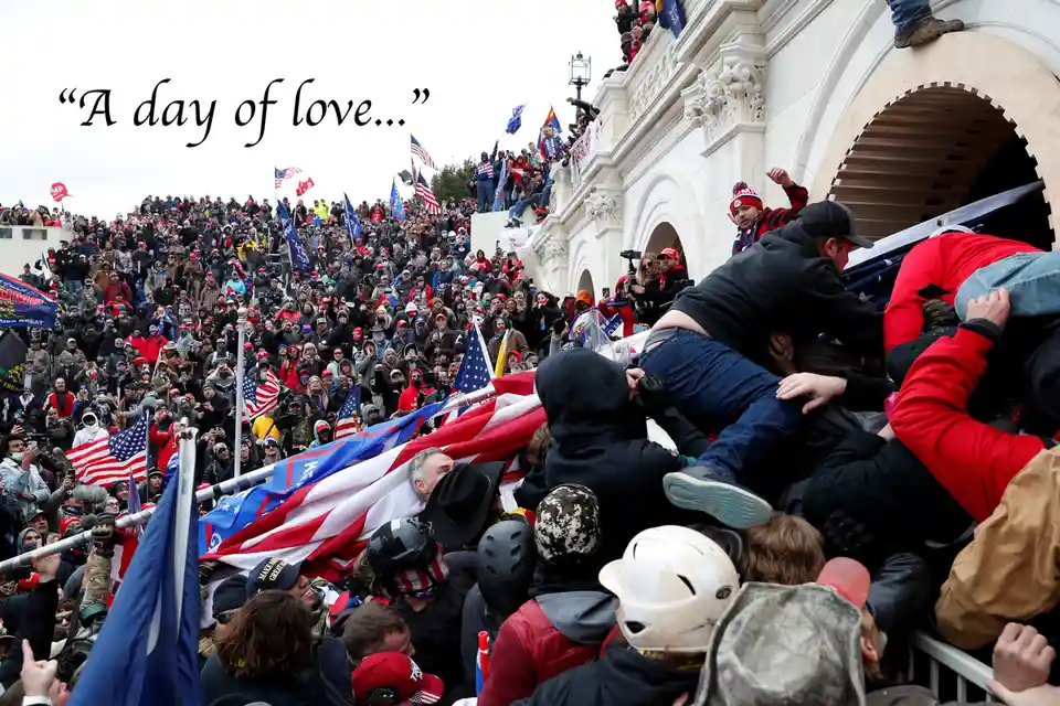 A large crowd of people, many wearing red hats and holding American flags, is shown violently pushing and climbing over…