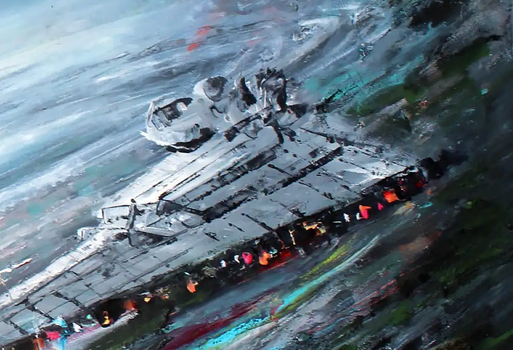 An abstract, painterly depiction of the Death Star, rendered in textured brushstrokes of gray, blue, and green, with fiery…