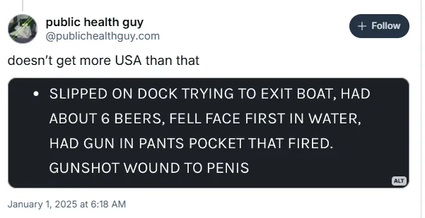 A screenshot of a tweet from 'public health guy' with a dark background and white text. The tweet reads 'doesn't get more…