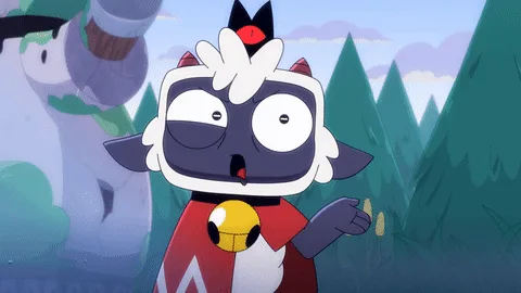 The image shows a cartoon character with a white and black face, red and white outfit, and a yellow bell around its neck. It…
