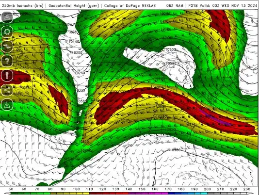 a weather map from the College of DuPage NEXLAB showing 250mb isotachs and geopotential height, with a swirling red and…