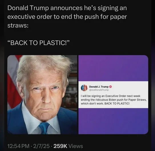 The image shows a split-screen: on the left, a photo of Donald Trump with a stern expression, and on the right, a mock…