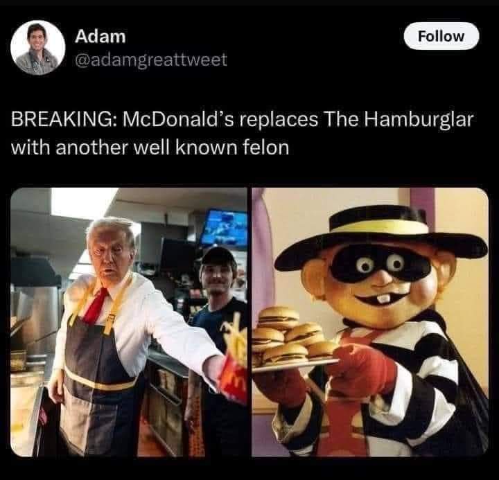 The image is a split-screen meme. On the left, Donald Trump is shown wearing a McDonald's apron and holding a bag of fries…