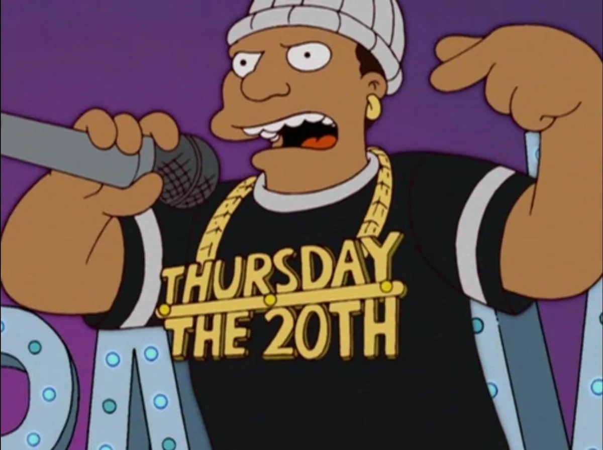 A cartoon character from The Simpsons, wearing a white beanie, gold chain, and a black t-shirt with 'THURSDAY THE 20TH' in…