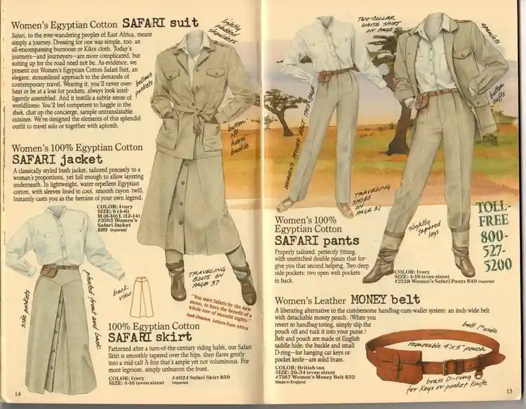 A vintage 1970s catalog spread showcasing women's safari clothing, including a safari suit, jacket, skirt, pants, and a…