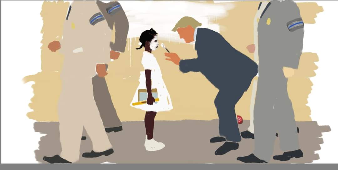 An illustration shows a man resembling Donald Trump painting a young Black girl's face white with a brush while two…