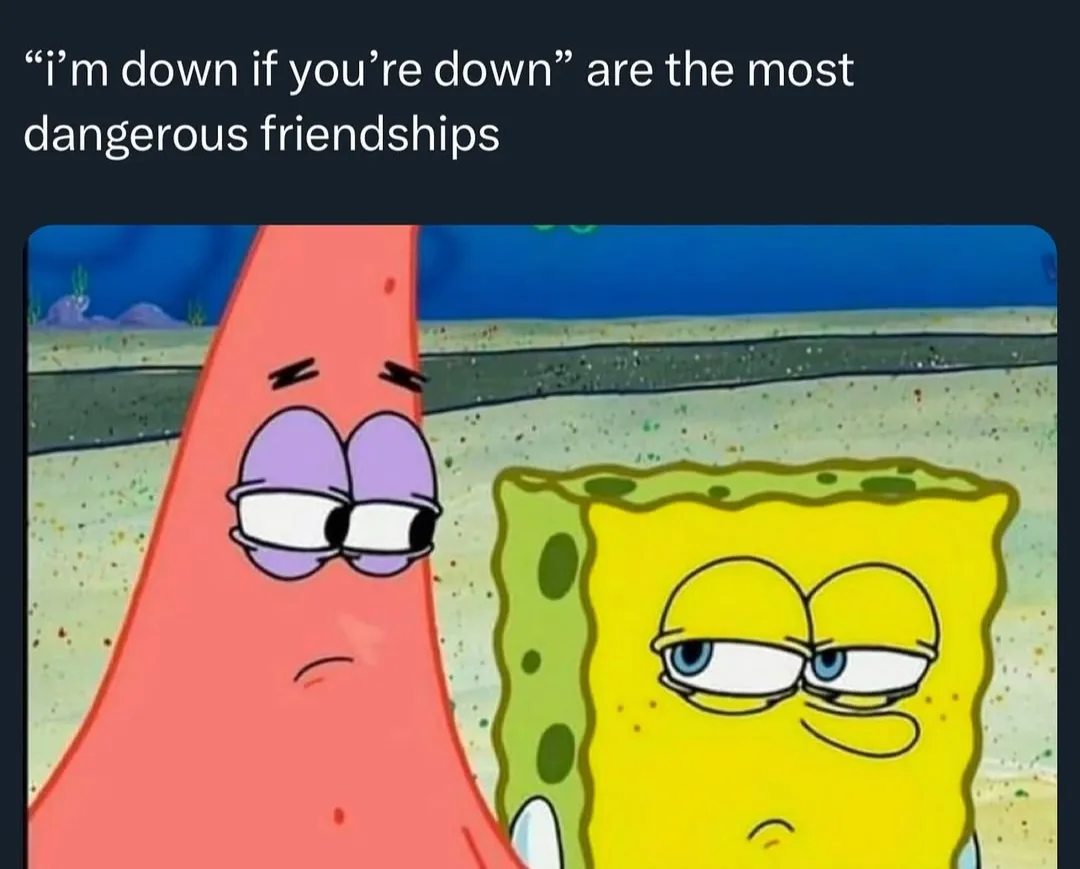 The image shows two cartoon characters, Patrick Star (pink starfish) and SpongeBob SquarePants (yellow sponge), both looking…