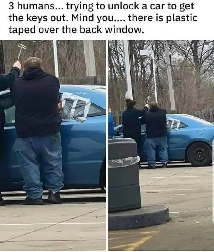 Two side-by-side photos show three people using a long tool to try and unlock a blue car. The back window is covered with…