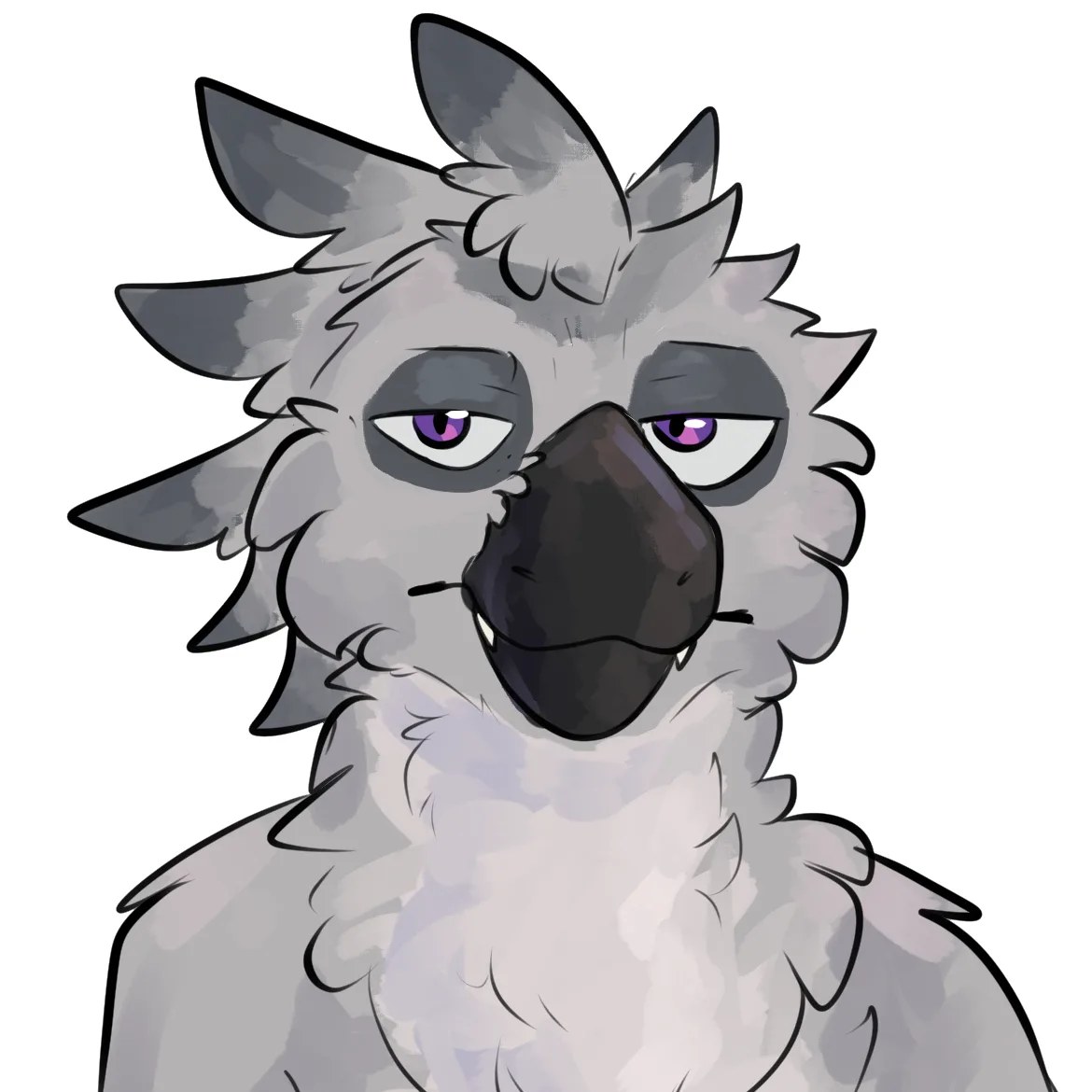 A gray, furry anthropomorphic creature with purple eyes, a dark nose, and a smug, slightly tired expression stares forward…
