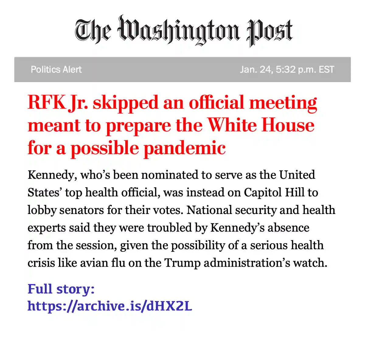 The image displays a mock Washington Post news article with a 'Politics Alert' banner dated Jan. 24, 5:32 p.m. EST. The…