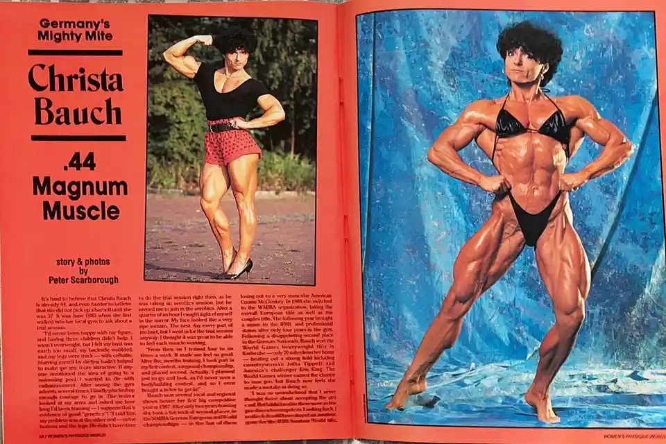 A magazine spread featuring bodybuilder Christa Bauch, age 44, with the headline '.44 Magnum Muscle'. The left page shows…