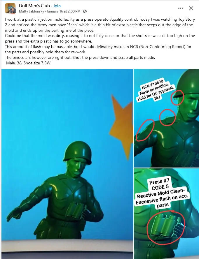 The image shows a green plastic Army Man toy from Toy Story 2, with overlaid text mimicking a manufacturing quality control…