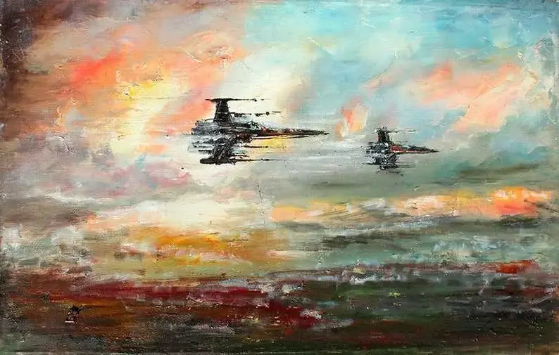 An impressionistic painting depicts two starfighters flying against a vibrant, cloudy sky with warm orange and cool blue…