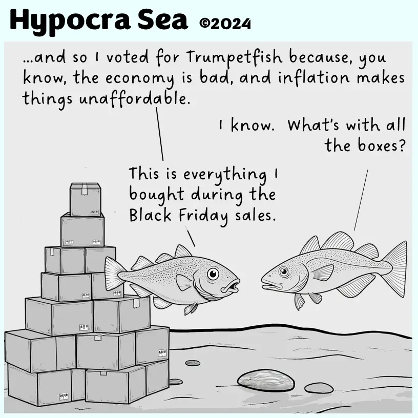 Two cartoon fish are having a conversation underwater next to a large pyramid of cardboard boxes. One fish explains it…