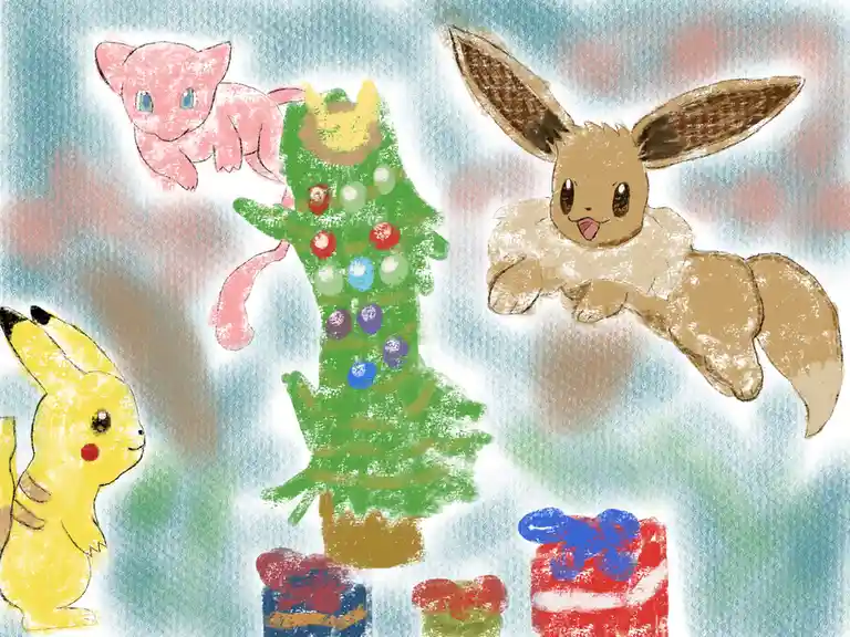 A hand-drawn, crayon-style illustration shows three Pokémon—Pikachu on the left, Jigglypuff floating above, and Eevee on the…