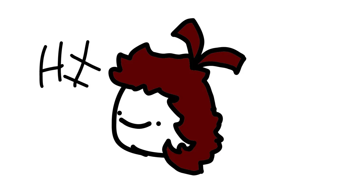 A crudely drawn cartoon character with a white face, black eyes, and a red scarf, with the text 'hk' written in black…