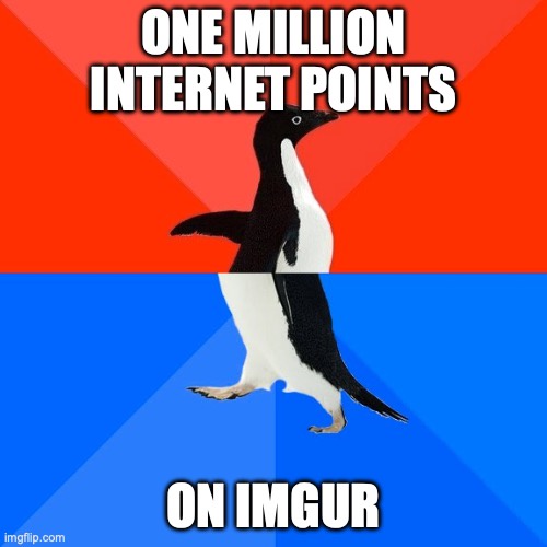 A black-and-white penguin stands upright against a red-and-blue background, with bold white text at the top reading 'ONE…