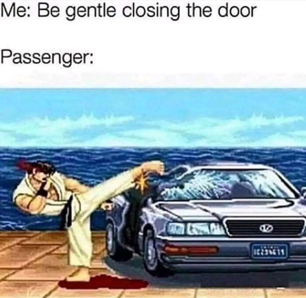 An anime-style image shows a martial artist in a white gi kicking the driver's side door of a silver sedan, shattering the…