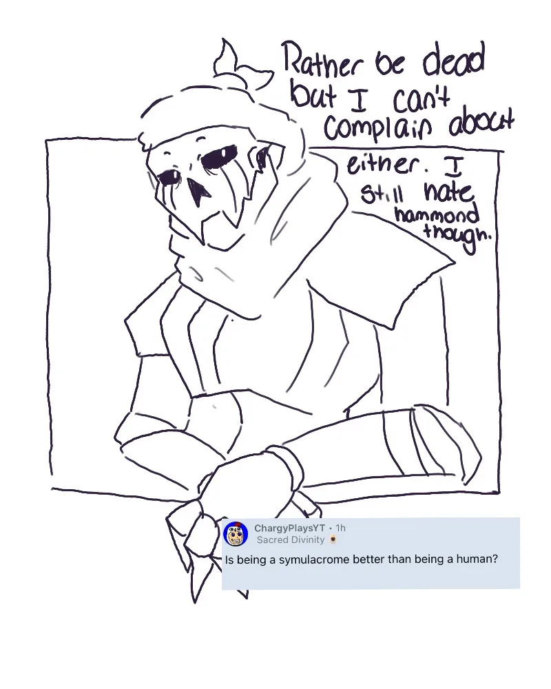 A black-and-white line drawing shows a character with a distressed expression, sitting slumped on a couch. The character has…
