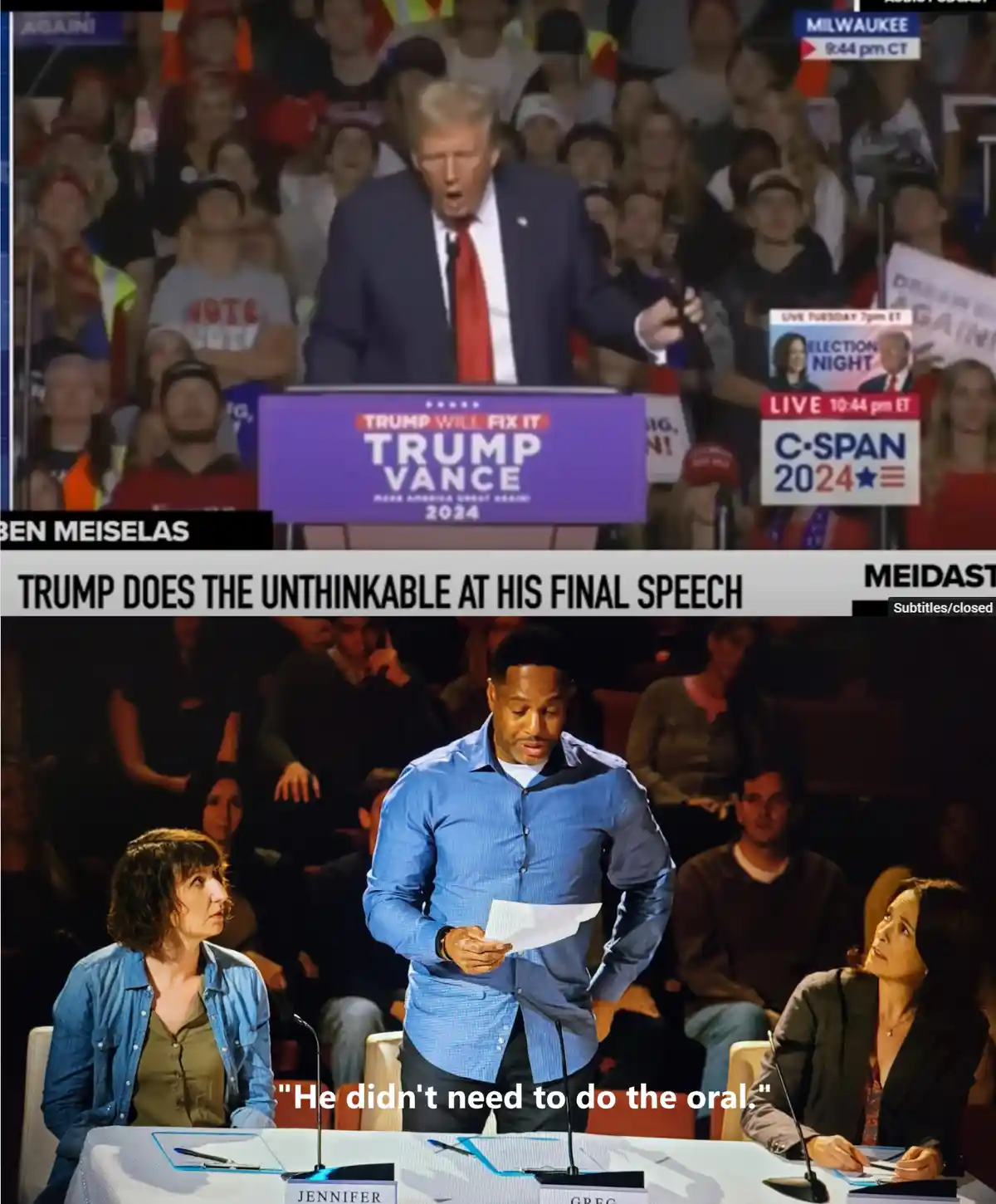 The top panel shows Donald Trump speaking at a rally with a 'TRUMP VANCE 2024' podium and 'C-SPAN 2024' broadcast overlay…