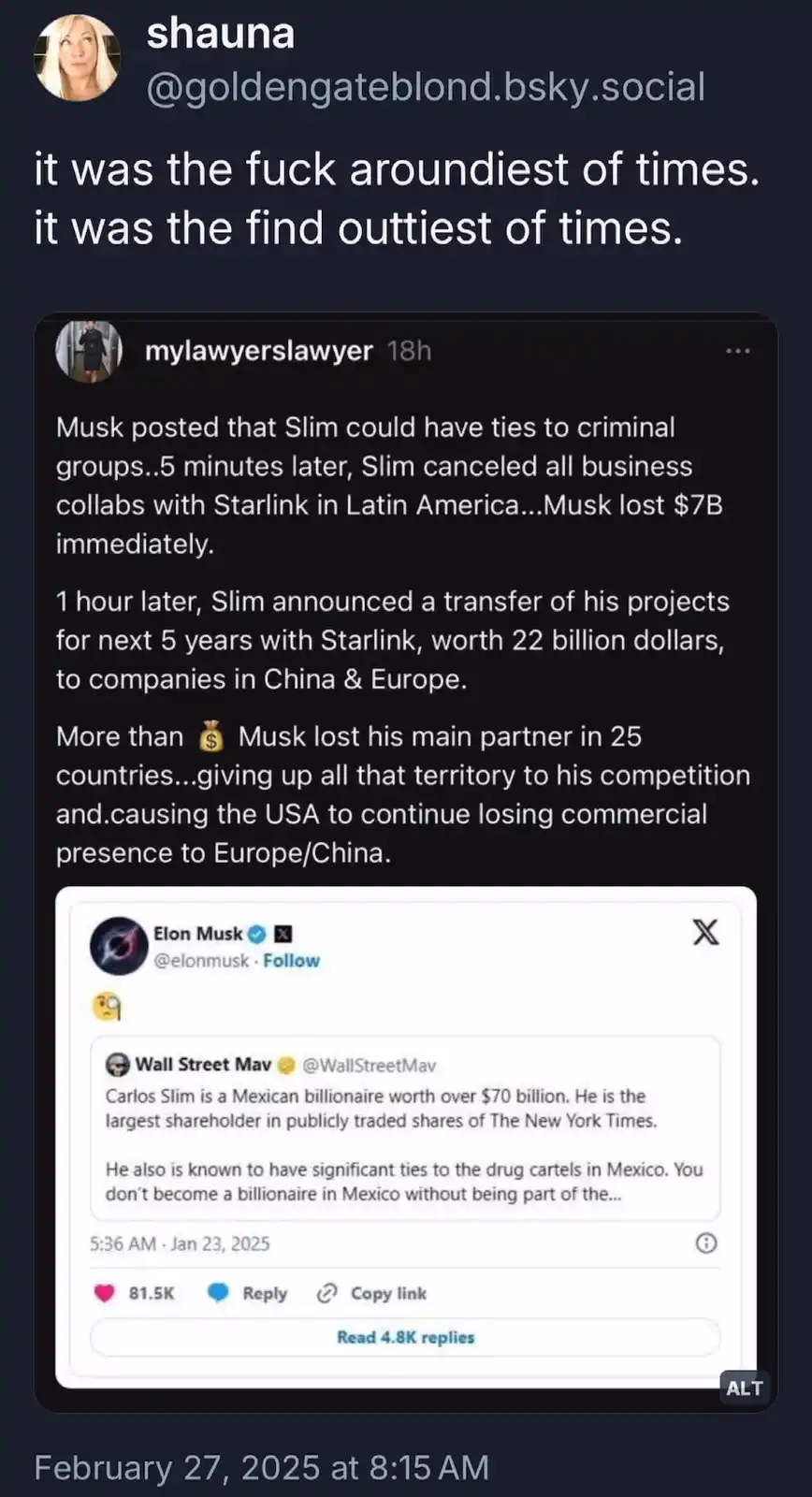 A screenshot of a social media post by 'shauna' reacting to a thread by 'mylawyerslawyer' detailing a fictional scenario…