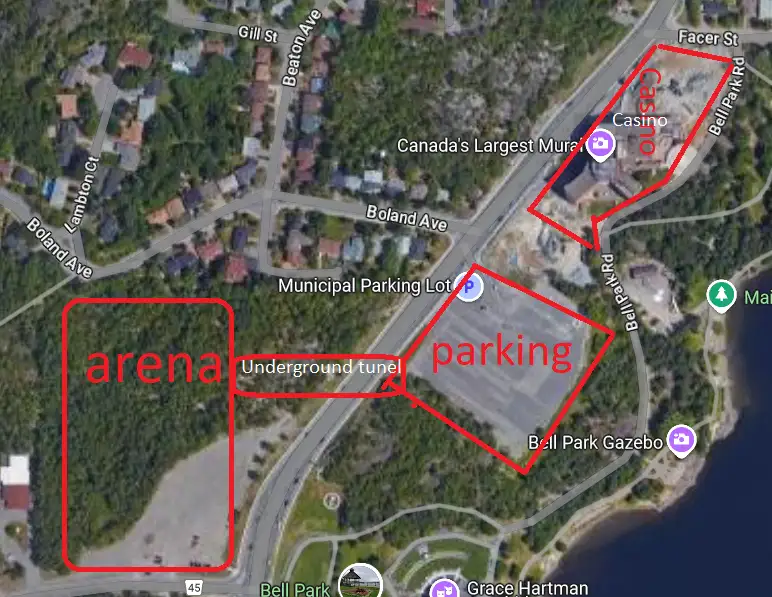 A satellite map view shows three red-outlined areas labeled 'arena', 'Underground tunnel', and 'parking' connected by a red…