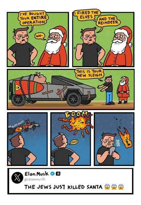A five-panel comic shows Santa offering a man his entire operation, then firing elves and reindeer, replacing the sleigh…