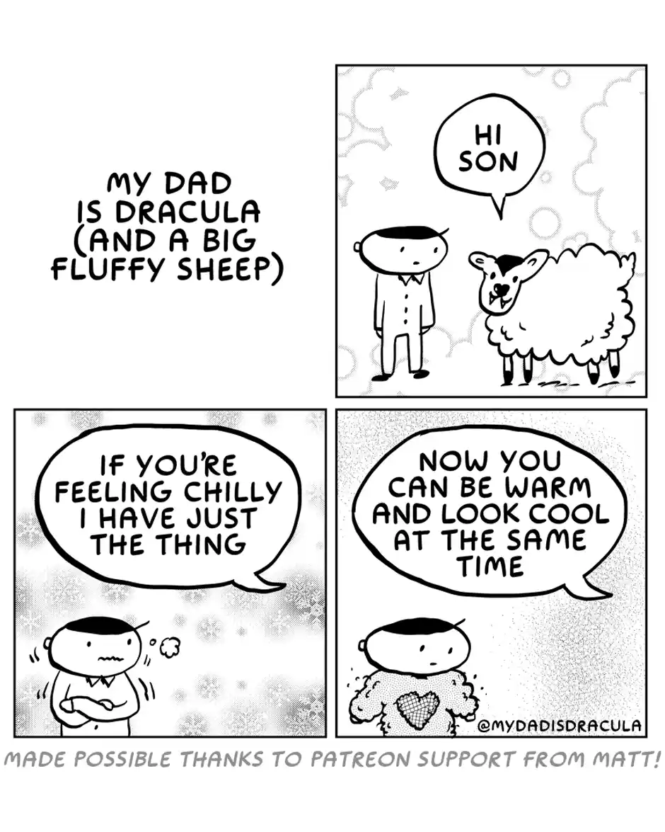 A four-panel comic strip where a son meets his father, who is depicted as a vampire and a fluffy sheep. The father offers…
