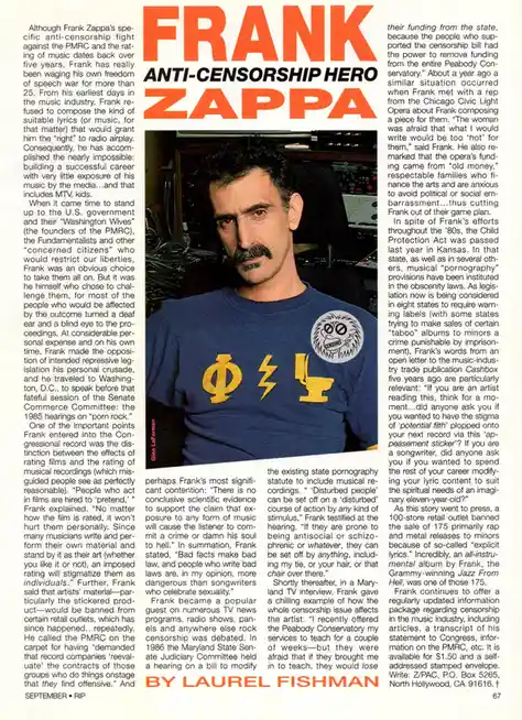A magazine article features a photo of Frank Zappa wearing a blue t-shirt with yellow symbols and a 'CENSORED' patch. The…