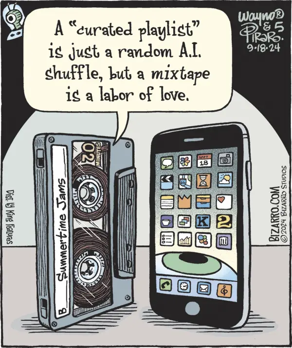 A cartoon depicts a vintage cassette tape labeled 'Summertime Jams' standing next to a modern smartphone displaying app…