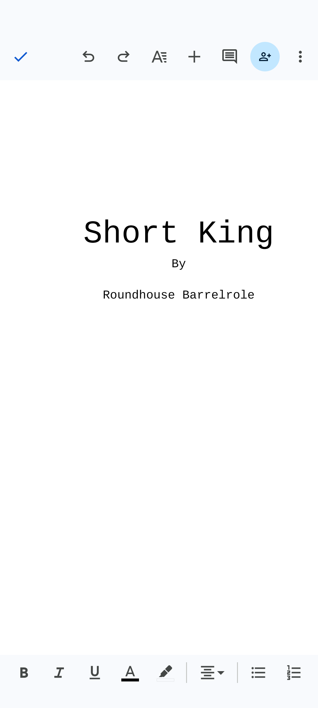 A minimalist white screen showing a document editor interface with bold text reading 'Short King' followed by 'By' and…