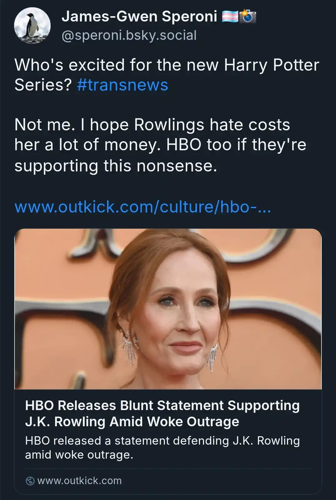 A screenshot of a social media post by James-Gwen Speroni featuring a photo of J.K. Rowling. The post expresses disapproval…