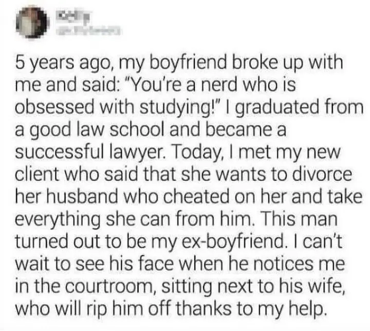 A screenshot of a social media post with black text on a white background. The text narrates a story where the poster, once…