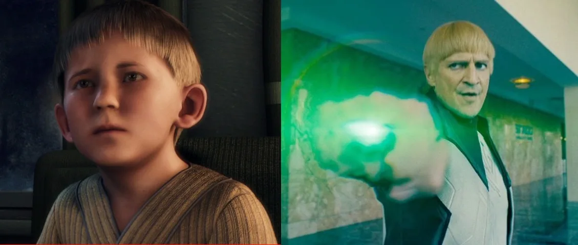 The image is split into two panels: on the left, a young boy with short blond hair wearing a brown robe looks forward with a…